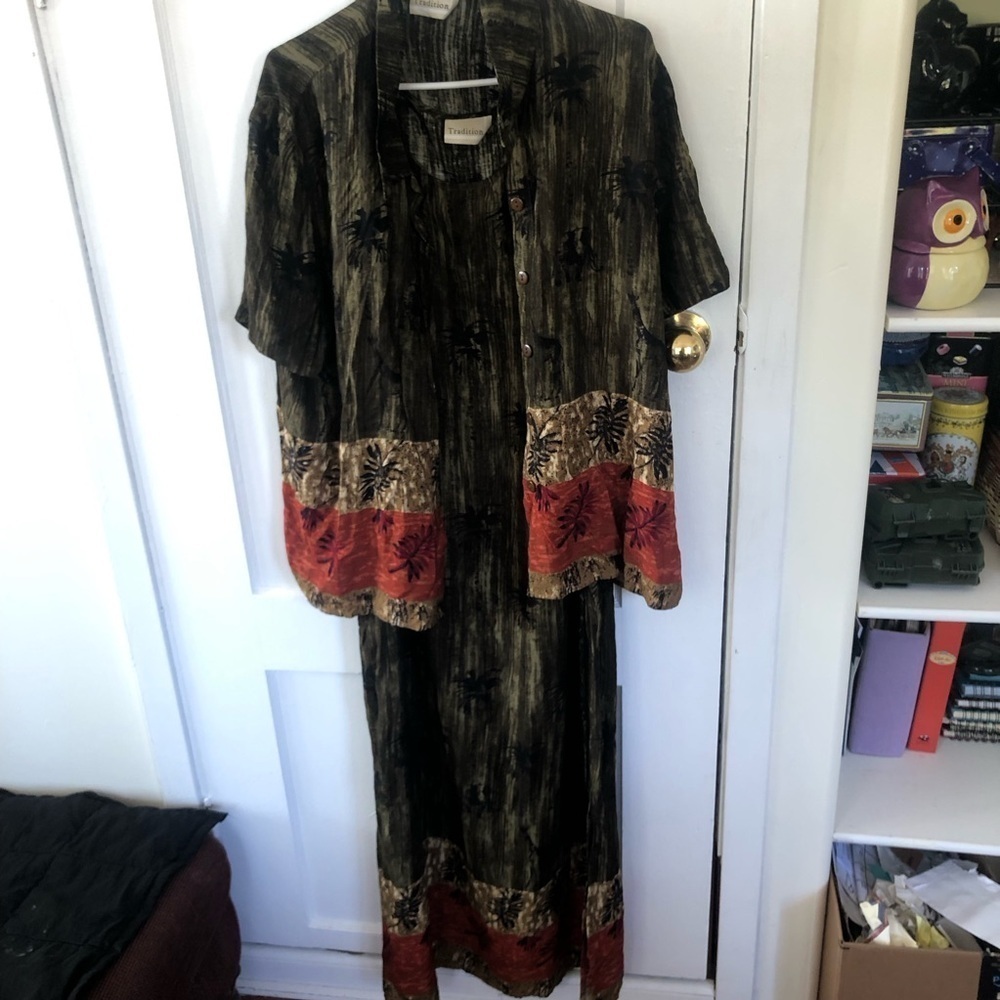 Vintage Tradition earthy Toned Maxi Dress with Floral Hem with over shirt